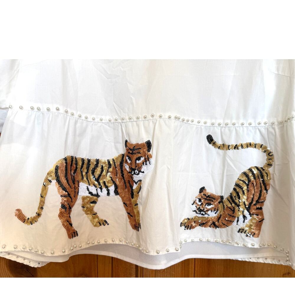 Queen of Sparkles White Sequin Tiger Blouse Peplum Babydoll Top Pearls, Large - Picture 4 of 6